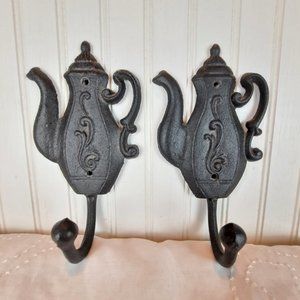 2 Vintage Cast Iron Wall Hooks Teapot Theme